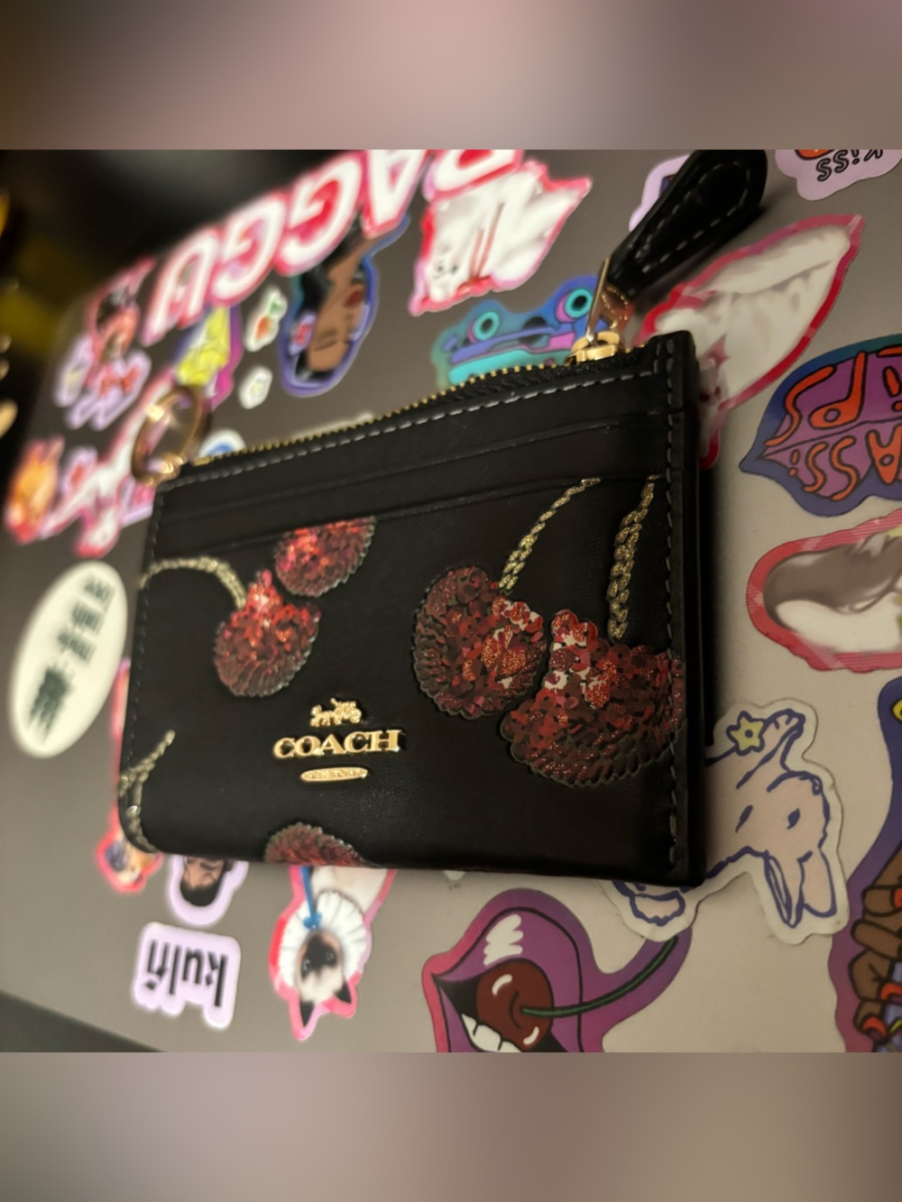 Coach Limited Edition Black Leather Cherry Card Case Wallet with Gold Key Ring - Picture 4 of 11
